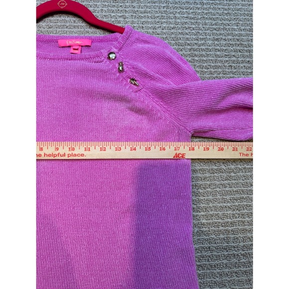 Lilly Pulitzer Pink Chenille Sweater Gold Shell Pineapple Palm Buttons Medium - Picture 9 of 10